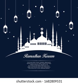 Ramadan kareem with mosque and islamic lamp silhouette background. siutable for business and celebration purpose