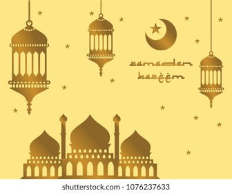 Ramadan Kareem with mosque and Islamic lantern Gold Style. Elegant background.