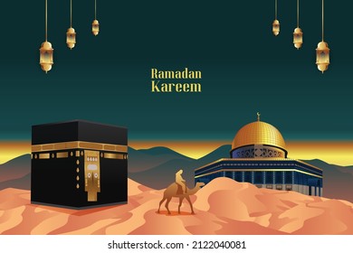 Ramadan Kareem Mosque Kaaba Man With Camel on Desert Green Gold Color Illustration