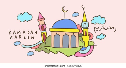 Ramadan Kareem Mosque, Kids Doodle Illustration Islamic Greeting Card, Banner, Poster Vector Illustration Background.
