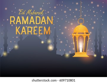 Ramadan Kareem and Mosque Landscape - Islamic Holy Nights Theme Design - Arabic "Eid Mubarak", "be Blessed" at English