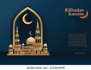 Ramadan Kareem Mosque Lantern Crescent Moon Gold Blue Color Background Template Banner, Website Page Banner
