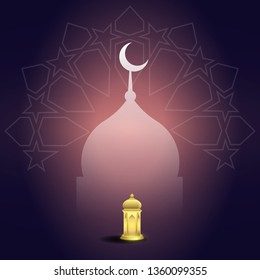 Ramadan kareem with mosque, lantern and geometry background
