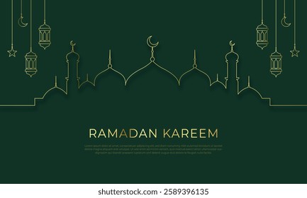 ramadan kareem mosque and lantern ornament line art style with copy space for banner and cover design on green background