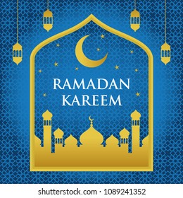 Ramadan Kareem with Mosque and Lantern Vector Design Template