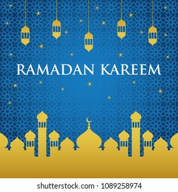 Ramadan Kareem with Mosque and Lantern Vector Design Template