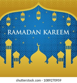 Ramadan Kareem with Mosque and Lantern Vector Design Template