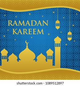 Ramadan Kareem with Mosque and Lantern Vector Design Template