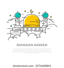 Ramadan kareem mosque line art creative poster design.islamic mosque with cloud silhouette line art illustration