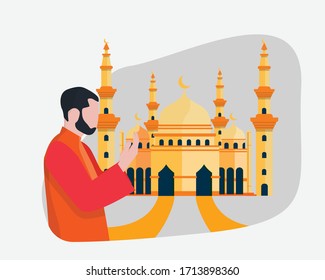 ramadan kareem with mosque and man praying. use flat design style