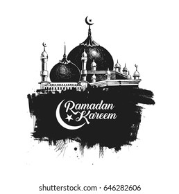 Ramadan Kareem Mosque or Masjid with calligraphy stylish lettering Ramadan Kareem text. vector illustration.