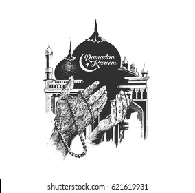 Ramadan Kareem Mosque or Masjid with Praying hands with rosary. vector illustration.