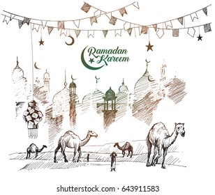 Ramadan Kareem Mosque or Masjid. vector illustration, Hand Drawn Sketch Vector illustration.