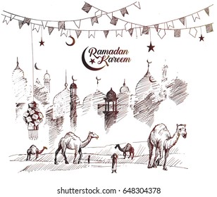 Ramadan Kareem Mosque or Masjid. vector illustration, Hand Drawn Sketch Vector illustration.