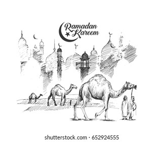 Ramadan Kareem Mosque or Masjid. vector illustration, Hand Drawn Sketch Vector illustration.
