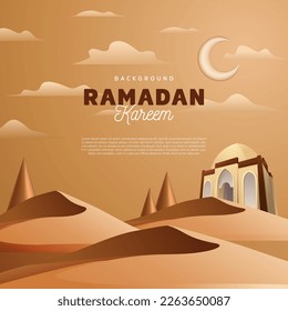 Ramadan Kareem Mosque in the Middle of the Desert with the Vector Illustration Brown Color for Background Banner