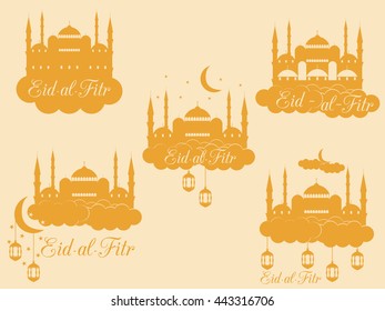 Ramadan Kareem, mosque, minaret, lantern and moon. Eid al fitr Muslim traditional holiday. Eid Mubarak. Vector.