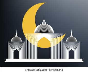 Ramadan kareem with mosque and the moon behind