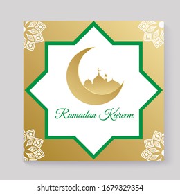 Ramadan Kareem mosque and moon greeting card & social media graphic with green geometric star shape and gold background.