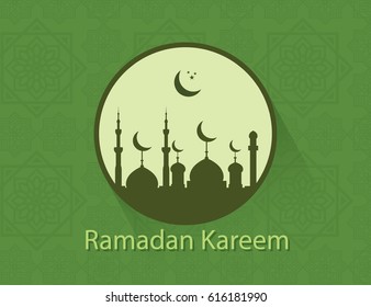 Ramadan Kareem with mosque and moon greeting card illustration with green background.