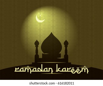 Ramadan Kareem with mosque and moon greeting card illustration with brown background.