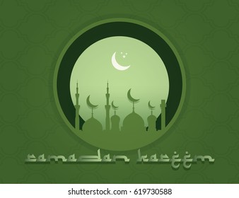 Ramadan Kareem with mosque and moon greeting card illustration with dark green background.