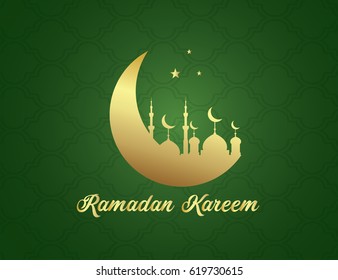 Ramadan Kareem With Mosque And Moon Greeting Card Illustration With Green Background.