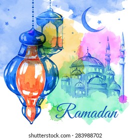 Ramadan Kareem. Mosque night. Arabic lanterns. Bright watercolor stains background. Vector illustration. 