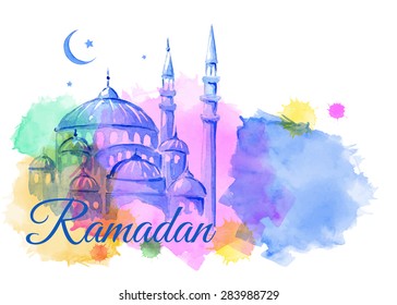 Ramadan Kareem. Mosque night. Bright watercolor stains background. Vector illustration. 
