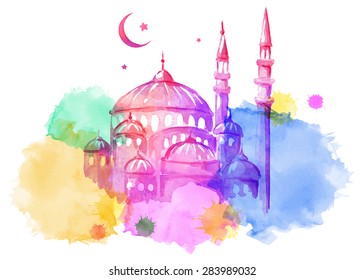 Ramadan Kareem. Mosque night. Bright watercolor stains background. Vector illustration.