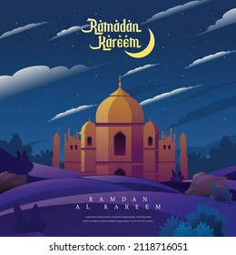 Ramadan Kareem Mosque Night Under Crescent Moon Cartoon Illustration