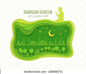 Ramadan Kareem and Mosque - Paper Art Islamic Holy Nights Theme Design - Arabic "Eid Mubarak", "be Blessed" at English