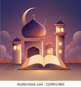 Ramadan Kareem mosque and quran book, ramadan night