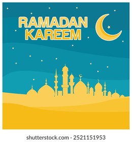 Ramadan Kareem with mosque silhouette in the desert. The crescent moon and stars in the blue sky. Ramadan concept. Flat vector illustration.