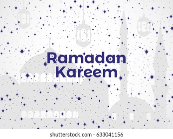 Ramadan Kareem. Mosque, stars and lantern. Muslim holiday lights. Vector illustration