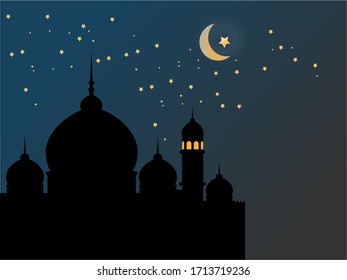 Ramadan Kareem. Mosque and stars. Vector illustration.
