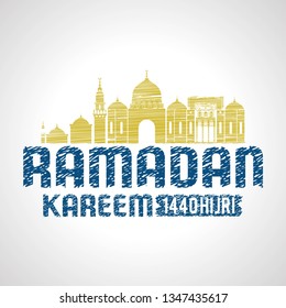 ramadan kareem with mosque style lines and brushes, 1440 Hijri, 2019