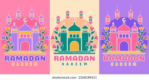 Ramadan Kareem with mosque symbol and crescent moon