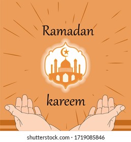 ramadan kareem with mosque symbol praying hands vector illustration.