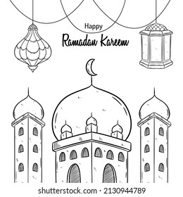 Ramadan kareem with mosque tower and hanging lantern on white background