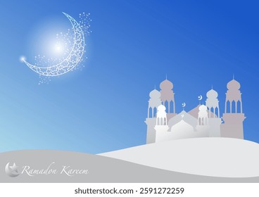 Ramadan Kareem mosque under the crescent moon background design.