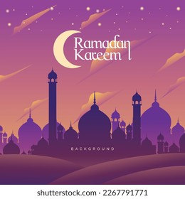 Ramadan Kareem Mosque Under Cresent Moon Beauty Sky Purple Pink Yellow Cartoon Illustration