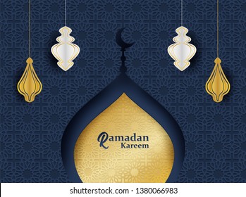 Ramadan Kareem ,Ramadan mubarak background. Design with  moon,  lantern, mosque on midnight blue background. paper art style. Vector.
