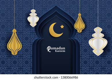Ramadan Kareem ,Ramadan mubarak background. Design with  moon,  lantern, mosque on midnight blue background. paper art style. Vector.