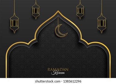 Ramadan Kareem ,Ramadan mubarak background. Design with moon, lantern on gold, black background. paper art style. Vector.