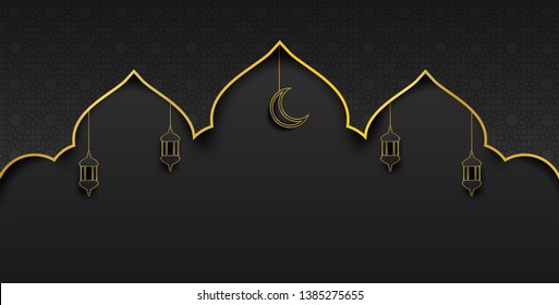 Ramadan Kareem ,Ramadan mubarak background. Design with moon, lantern on gold, black background. paper art style. Vector.