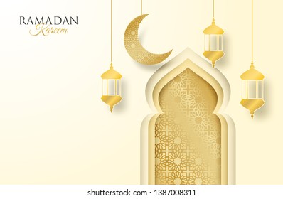 Ramadan Kareem ,Ramadan mubarak background. Design with  moon,  lantern golden on soft background ,light and shadow. paper art style. Vector.