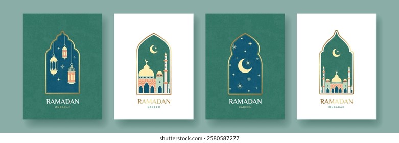 Ramadan Kareem and Mubarak card set. Mosque, lanterns, windows, arches, moon and stars. Design template for greeting banner, card, advertising, sale, web, poster.