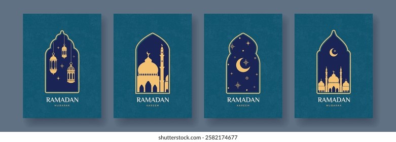 Ramadan Kareem and Mubarak card set. Mosque, lanterns, windows, arches, moon and stars. Design template for greeting banner, card, advertising, sale, web, poster.	
Modern vector illustration