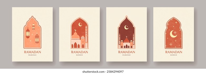 Ramadan Kareem and Mubarak card set. Mosque, lanterns, windows, arches, moon and stars. Design template for greeting banner, card, advertising, sale, web, poster.	
Modern vector illustration
